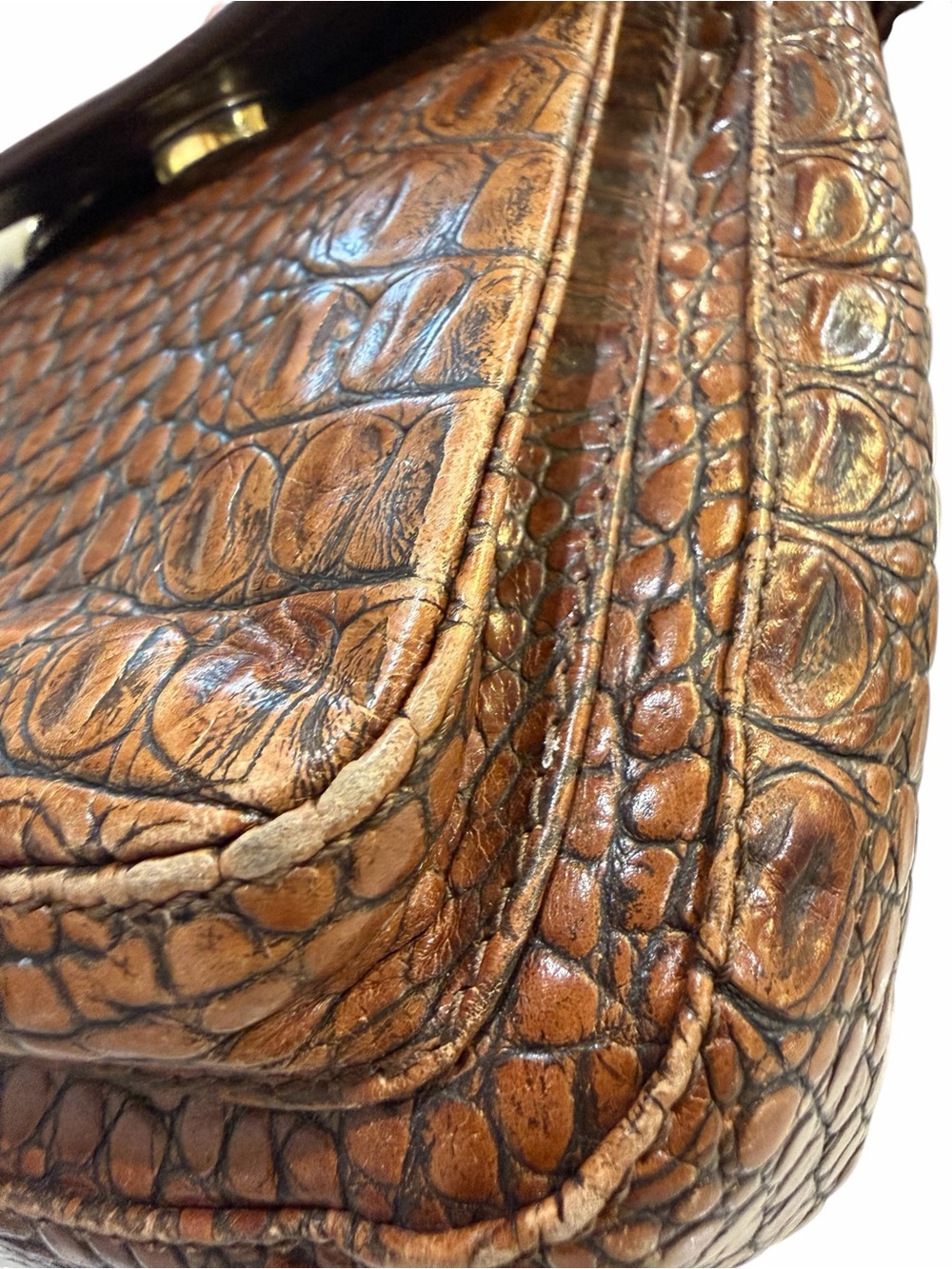 Vintage Brahmin Brown Croc-Embossed Leather Flap North South Crossbody Bag - Picture 5 of 17